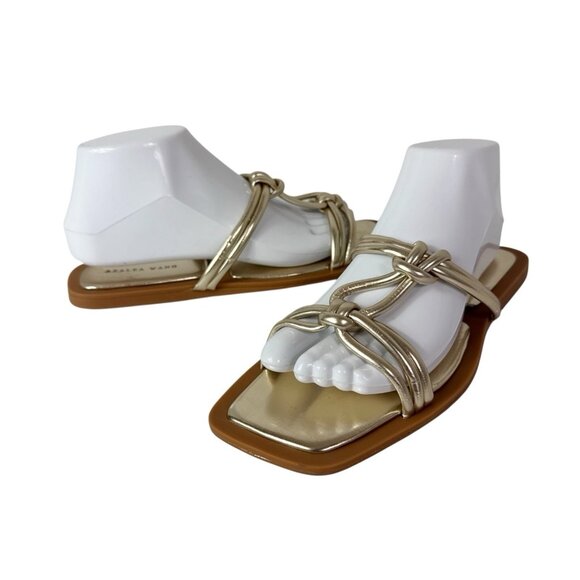 Azalea Wang Women's 9 Metallic Gold Slip On Square Toe Knot Sandals New - Picture 1 of 15